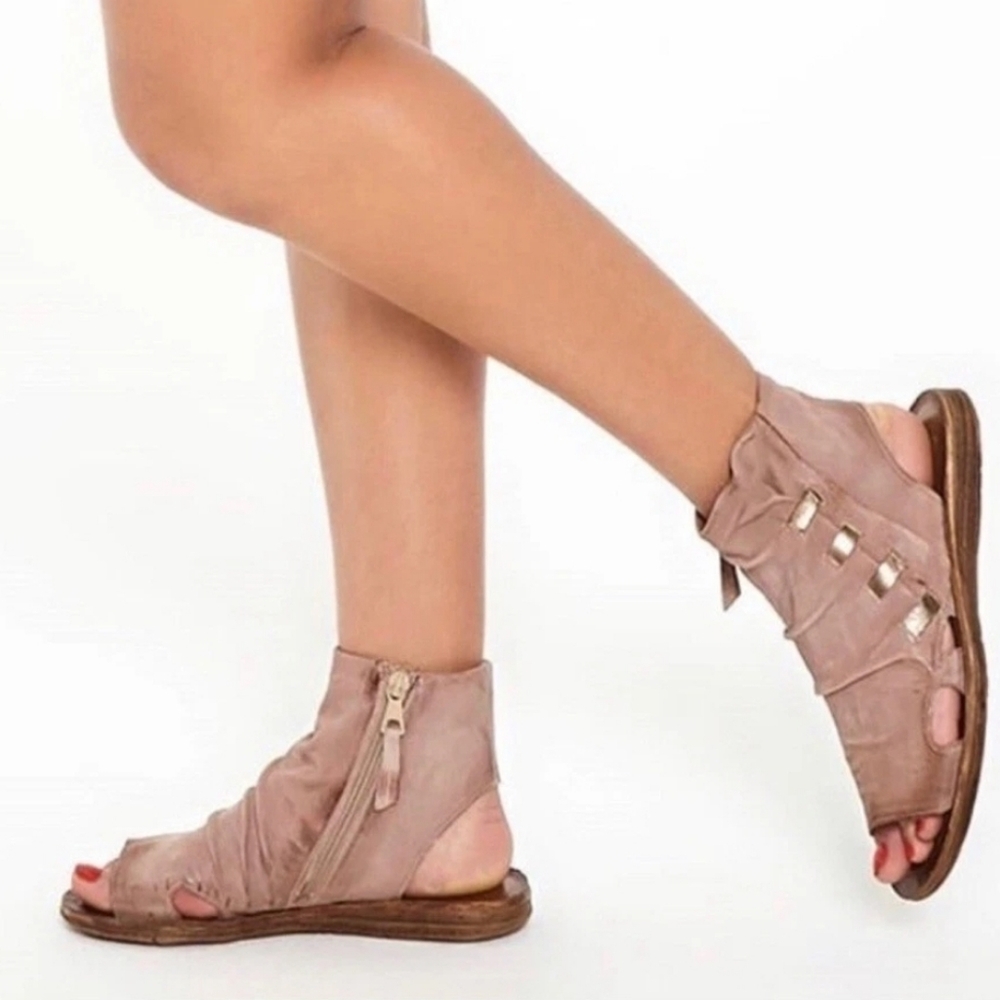 Miz Mooz‎ Fizzy High Ankle Sandals Leather Flat Open Toe Tan Size 37 (6.5-7) EUC